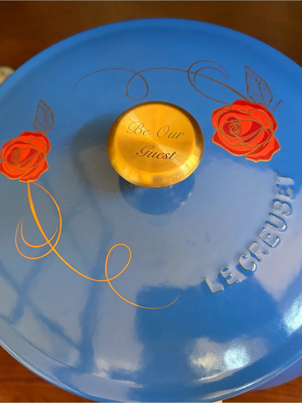 Le Creuset Blue Enameled Lid with Red Rose Accents and Gold Knob